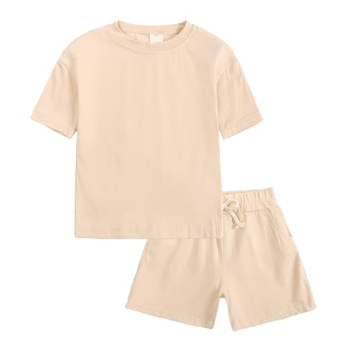 Image of KISBINI Toddler Kids Plain Short Sleeve T-Shirt and Shorts Set Unisex Cotton Summer Outfit Clothes for Little Boys or Girls