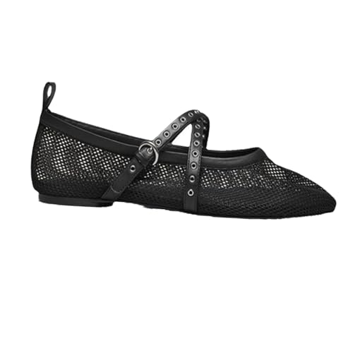 Women's Mesh Breathable Flat Mary Jane Shoes Strap Buckle Ballet Flats Fashion Adjustable Strap Round Toe Fishnet Shoes Summer Comfortable Anti-Slip Tulle Casual Ballerina Shoes