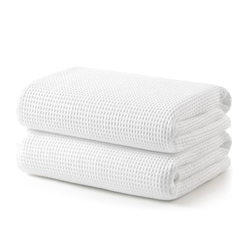 ecolook Waffle Bath Towel Set of 2 100% Cotton Lightweight & Quick-Dry Bath Towels Ultra-Absorbent and Breathable Lint-Free Hotel & Spa Towels for the Bathroom Gym and Travel - White