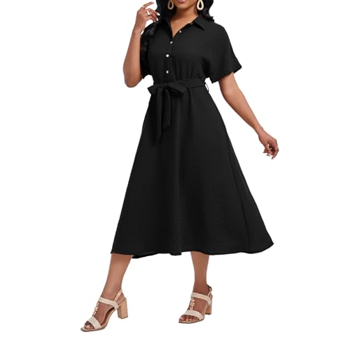 Women's Summer Casual Button Down V Neck Short Sleeve Smocked High Waist A-Line Elegant Belted Midi Dress3