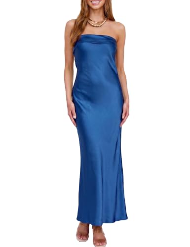 Image of Realtix Summer Satin Strapless Backless Maxi Dress for Women Wedding Guest