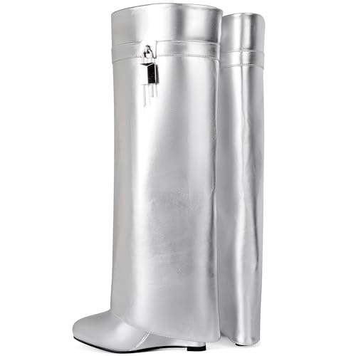 Image of Fold Over Boots for Women Pointy Pull-on Wedge Heel Knee Shark Boot With Side Zipper Padlock Design