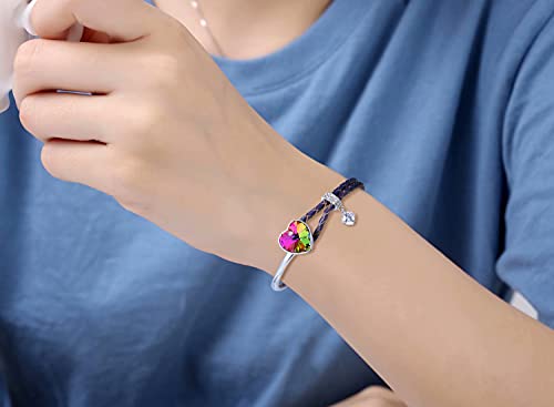 Plato H Heart Crystal Leather Bracelet Bangle For Women Girls Mom Love Gift Cord Strand Twist Rope Pattern Chain Anniversary Mother's Day Rainbow #TOP2