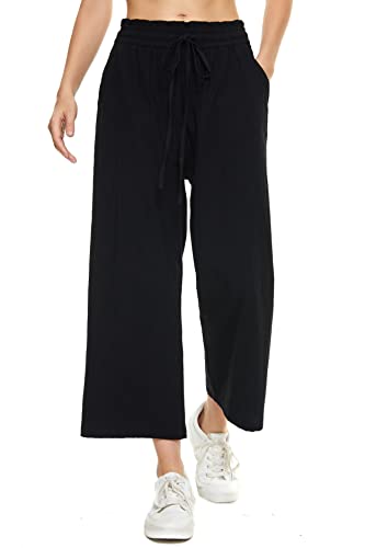LNX Womens Wide Leg Linen Pants High Waisted Drawstring Flowy Casual Crop Trousers with Pockets