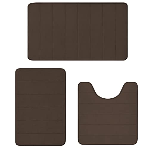 RUN HELIX Bathroom Rug Bathroom Rugs Sets 3 Piece, Memory Foam Bath Mat, Soft Bath Mats Ultra Thick, Absorbent Bath Rugs with No Slip PVC Backing Machine Washable, Easy to Dry - Deep Coffee
