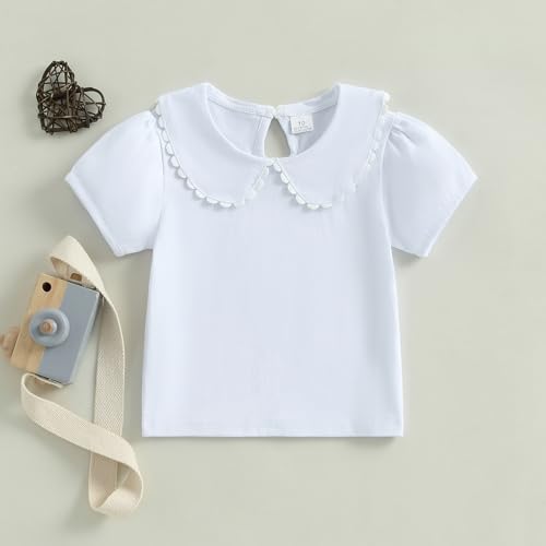 Toddler Baby Girls Ruffle Doll Collar Shirt Puff Short Sleeve Basic Solid Color Top Blouse Tee2