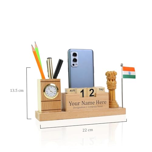 Image of Deskart Customized Multipurpose Pen Holder Stand with Ashok Stambh and Indian National Flag | Premium Wooden Desk Organizer for Office and Occassional Gifting