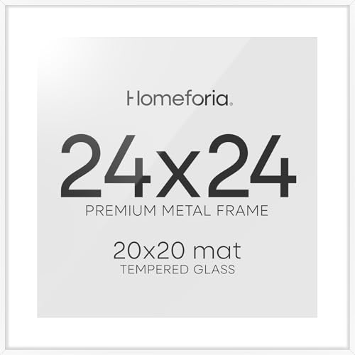 Image of Homeforia 24x24 Picture Frame White, High End Metal 24 x 24 Large Square Poster Frame Matted to 20 x 20 in Photo, 24by24 Thin White Frames with Mat 20x20 inch Print, Tempered Glass, Wall Kit, Set of 2
