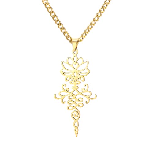 kkjoy Collier à Pendentifs de Yoga Fleur de Lotus en Acier Inoxydable Bijoux d'Inspiration Bouddhisme Unalome pour Femmes Charmeuses (Or)