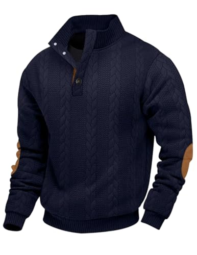 EndoraDore Mens Jacquard Sweatshirts Casual Long Sleeve Pullover Knitwear Button Stand Collar Tops Navy Blue M