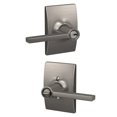 Image of SCHLAGE Latitude Keyed Entry Door Handle, Reversible, Satin Nickel | Keyed entry lever door handle with turn-button lock, Easy to install, Certified security & durability, Universal fit, 2 keys