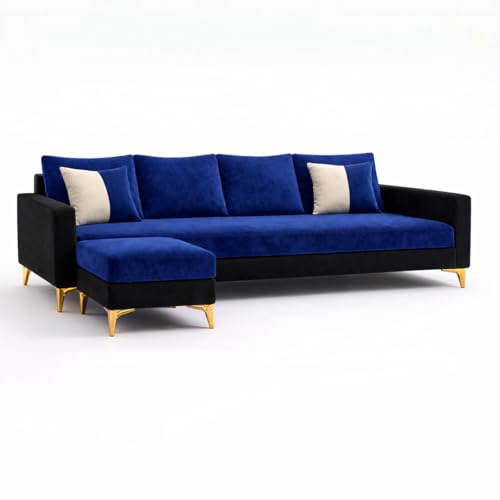 Image of Classiq Rich 5 Seater L Shape Sofa Set with Movable Ottoman | Flexible Layout | Spacious Soft Touch Seating | Designer Sofa for Living Room (Dark Blue & Black)
