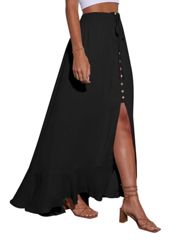 Minclouse Women's Elastic Tie Waist Button Down Maxi Skirts Casual Loose Flowy Swing Slit Front Dress2