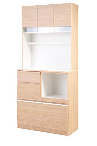 エリア限定配送設置付き 耐震ラッチ付きのやさしい木目×ラインガラスのキッチンボード 国産 完成品 幅90 高さ約200cm ナチュラル 引出し カップボード 食器棚 レンジボード 家電収納 キッチン収納 大量収納