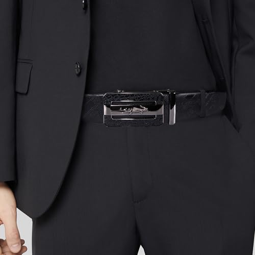 Barry.Wang Leather Ratchet Belt Tie Set Men Sliding Black 35mm Wedding Dress Formal Business,Trim To Fit3