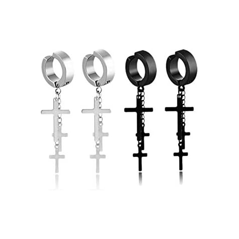 Clip On Cross Tassel Dangle Hoop Earrings Set of 2 Non-pierced Boy Men Women Girl Crosses Drop Huggie Earrings for Graduation Easter Christmas Cover