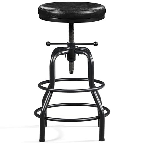 Yaheetech Taburete de Bar Industrial de Piel sintética Taburete Alto Redondo Ajustable en Altura con Dos reposapiés, Silla de Cocina con Marco de Metal para Cocina, Restaurante Bistrot Negro