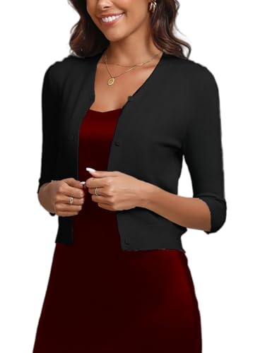 Torera Cárdigan Corto Bolero Mujer Suéter Botones Basicas Chaqueta de Punto Básico Shrug 3/4 Manga Cuello en V Abrigo Fiesta Clásico Negro L