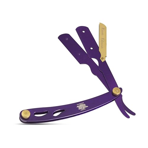 Elegantly Engraved Barber Shop Straight Edge Razor Best for Shaving and Grooming Lightweight Purple and Gold Unisex Folding Razor