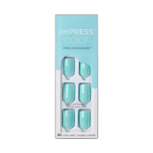 KISS imPRESS Color Press-On Nails, Gel Nail Kit, PureFit Technology, Short Length, âMint To Beâ, Polish-Free Solid Color Manicure, Includes Prep Pad, Mini Nail File, Cuticle Stick, and 30 Fake Nails
