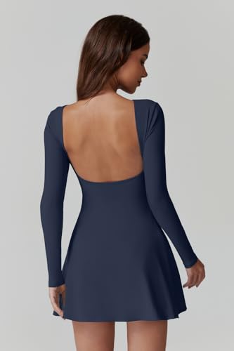 QINSEN Women's Open Back Tennis Dress Long Sleeve Built in Shorts Golf Athletic Dress with Pockets2