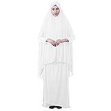 EDITHA Women's Muslim Prayer Dress Hijab Scarf Islamic Abaya Dress Two-Piece Full Length Dress M White