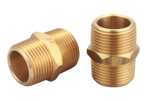 T TANYA HARDWARE 3/4 Inch NPT Brass Nipple Male to Male Pipe Fitting Adapter, Hex Nipple, (3/4 inch x 3/4 inch NPT Male, 2 Piece), Straight Connector Pipe Fitting