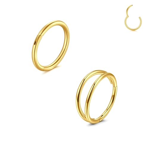 LAURITAMI 2 Stück Nasenpiercing Ring Chirurgenstahl 20G Dünn Doppelter Nasenpiercing Ring Gold Septum Clicker Ring 8mm Helix Conch Knorpel Tragus Nasenpiercing Bauchnabelpiercing Schmuck