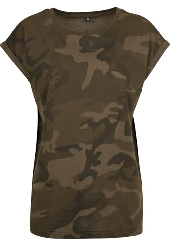 Build Your Brand Ladies Extended Shoulder Camo Tee, Olive camo, L