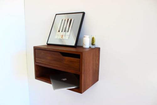 Image of RuPS Solid Wood Floating Bedside Table with Drawer and Open Shelf, Wall Mounted Nightstand for Bedroom, Wooden Side Table with Storage, Space Saving Bedside Organizer (Double - 16 inch x 12 inch x 12 inch)