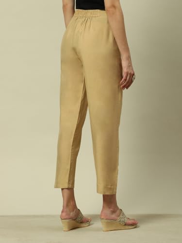 Image of Rangriti Gold Viscose Straight Solid Slim Pants for Women