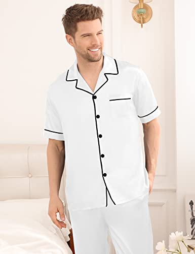 Image of SWOMOG Mens Satin Pajama Set Short Sleeve Classic Sleepwear Button Down Silky Loungewear with Long Pants