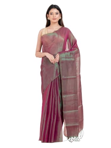 Image of Women's Tissue Cotton Saree | Plain Lightweight Tassel Pallu Saree with Blouse