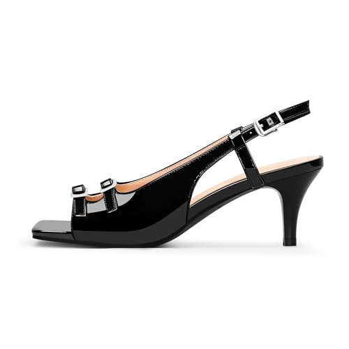 Women's Patent Leather Slingbacks Double Buckle Sandals Open Toe Mid Heel Dress Pumps4