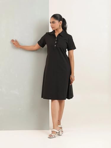 Image of Amazon Brand - INKAST Women Wide Collared Solid A -line Bottuned Mini Dress with Pockets | Summer Outfits | 100% Cotton | Casual Wear | One Piece