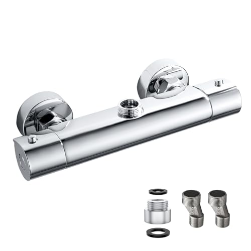 Thermostatic Shower Mixer Bar Top Outlet 3/4 BSP, Solid Brass Thermostatic Shower Mixer Valve 38°C Anti Scald, with 3/4 to 1/2 BSP Pipe Adaptor, Hot & Cold Water Mixer Tap, Chrome, Wall Mounted
