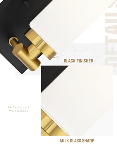 Image of Emak Bathroom Sconces Set of 2, Black and Gold Wall Sconce with Milk Glass Shade, Modern Farmhouse Bathroom Light Fixtures for Living Room, Bedroom, Gallery, WS086-BKBGD-ML-2PK