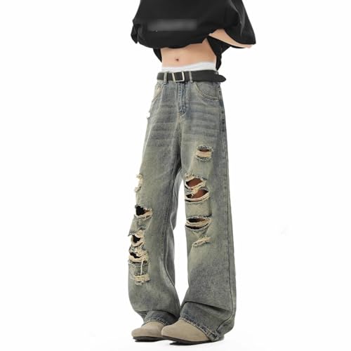Raw Edge Ripped Jeans for Men Straight Loose Casual Retro Distressed Wide-Leg Denim Pants with Pockets4