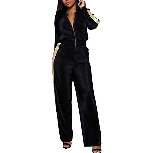 Aro Lora Women's Casual 2 Piece Outfit Zipper Jacket Suit Wide Leg Pant Set Sweatsuits Medium Black