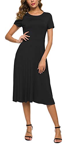 Women's Casual Round Neck Short Sleeve Midi Dress Solid Stretchy Waist Knee Long Dress3