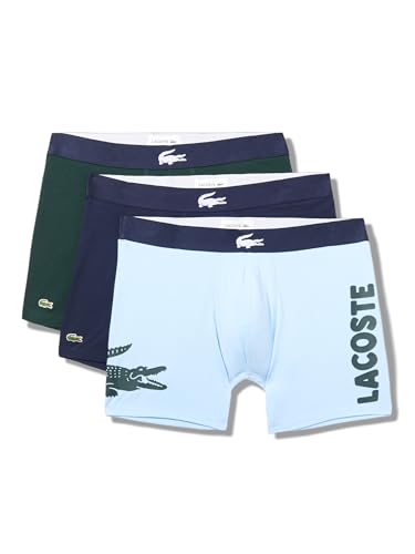 Lacoste Men's Cotton Stretch Big Croc Print Boxer Briefs, 3-Pack, Blue/Dark Green/Navy Blue, X-Large