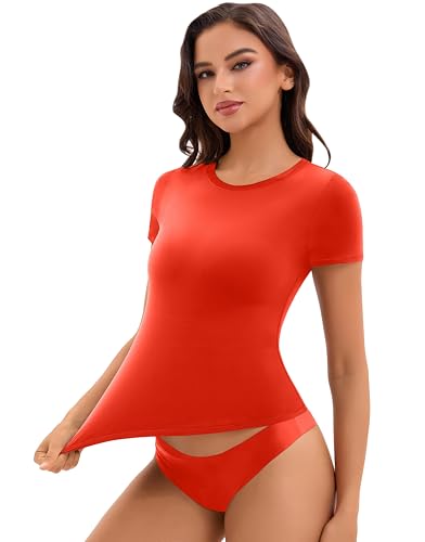 Y2K Crop Tops for Women Double Line Fitted Summer Spring Tees Trendy 2025 Laides Casual Basic Going Out Slim Shirts Crew Neck Short Sleeve Tshirt Beach Vocation Clothes Sexy Club Outfits(Red,L) — view 2