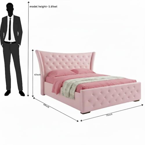 Image of Luxury King Size Upholstered Storage Bed with Diamond Tufted Padded Headboard | Premium Velvet Fabric Platform Bed Frame | Solid Wood Structure | Modern Bedroom Furniture | Pink
