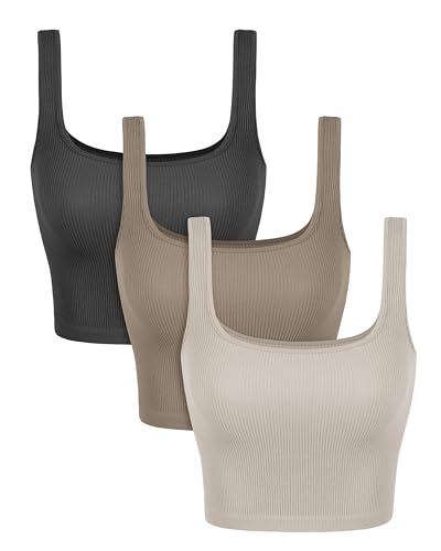 Image of ODODOS 3-Pack Seamless Square Neck Crop Tank for Women Ribbed Knit Soft Low Back Cropped Tops
