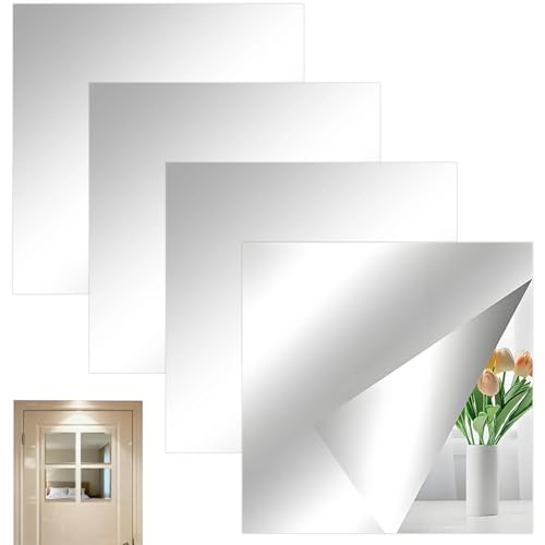 SHILIUZHI 4 Pcs Self-Adhesive Mirrors, 1mm Thick Square Mirror Tiles, Mirror Stickers, Tile Stickers Acrylic, for Bathroom, Bedroom, Door, Etc, Silver