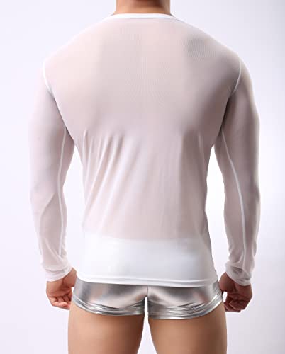 Men's Sexy Mesh Transparent T-Shirt Long Sleeve Round Neck Undershirt 6