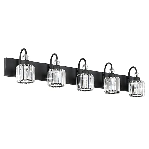 Image of Ralbay Modern Crystal Black 5-Light Bathroom Vanity Light, Matte Black Crystal Bath Wall Light Fixtures