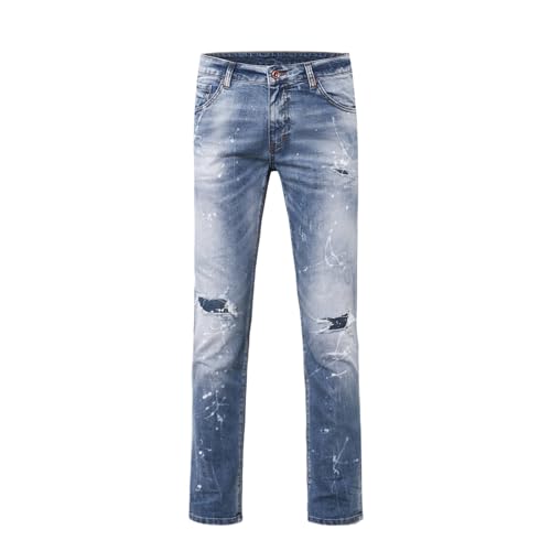 Men’s Casual Jeans Mild Waist Fashionable Monkey Wash Ripped Whiskers Slim Fit Stretchable Denim Pants