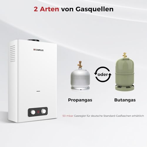 Gasdurchlauferhitzer 16 Liter, CAMPLUX BD422-DE Propan-/ Butan Gasdusche, 50mbar, 32 kW, für den Außenbereich/Camping/Gartennutzung