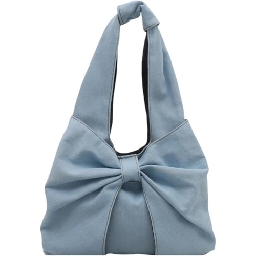 Denim Tote Bag with Bow Detail, Large Capacity Messenger Bag Canvas Jean Crossbody Bag Lightweight Shoulder Bag for Women